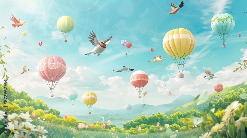 Obraz premium Whimsical children's picture of animals and birds floating on balloons against a backdrop of nature, perfect for creating custom digital printing wallpaper.