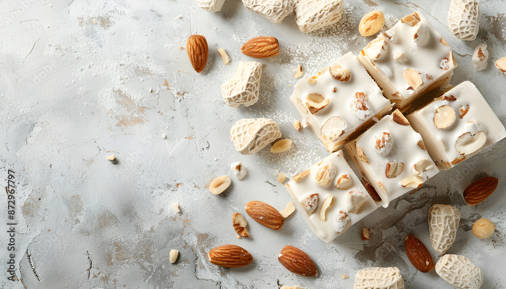 Fototapeta premium Pieces of delicious nutty nougat on light gray table, top view. Space for text