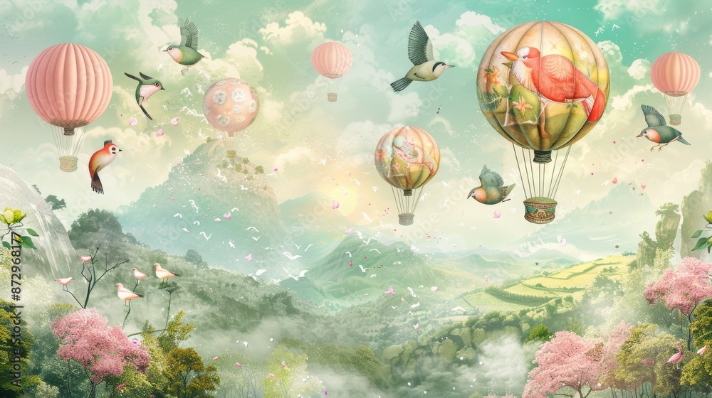 Fototapeta premium Whimsical children's picture of animals and birds floating on balloons against a backdrop of nature, perfect for creating custom digital printing wallpaper.