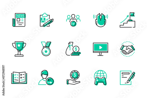 E-sports - set of line design style icons isolated on white background. High quality images of newspaper, people, career, award, prize, medal and cup, handshake, finance, exchange