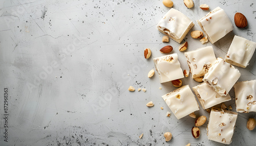 Pieces of delicious nutty nougat on light gray table, top view. Space for text photo