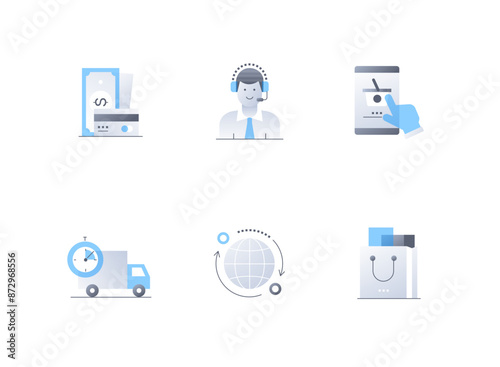 Online shopping and delivery - flat design style icons set. High quality colorful images of wallet, money and credit card, call center operator, shopping cart in smartphone, truck, package with goods