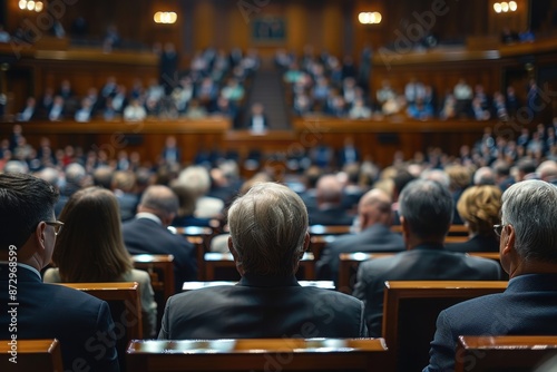 A large gathering of people in a formal legislative chamber, featuring numerous individuals seated in rows, seemingly engaged in a meeting or discussion in an elegantly designed, wood-paneled hall