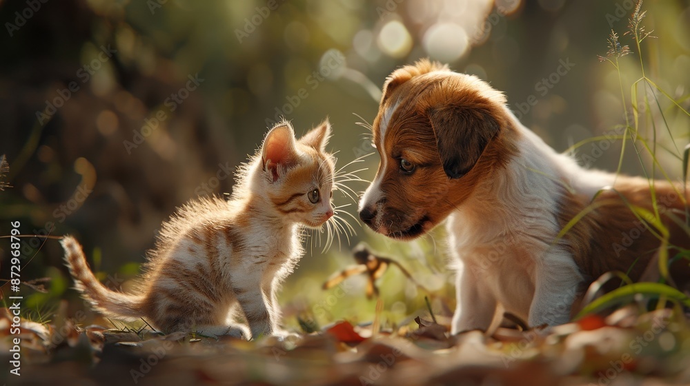 Obraz premium Witness the adorable companionship of a playful puppy and kitten. Their heartwarming interaction embodies the bond between unlikely friends, bringing joy and laughter.