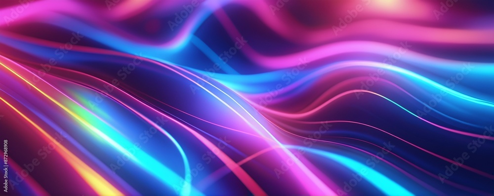 Neon technology abstract background with lines. Futuristic fluorescent colorful lights. Psychedelic pink, blue on black. For IT courses, high speed internet, big data, data center, network, server.