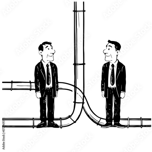 Funny cartoon men in business suits stand near gas pipes and look at each other. Monochrome minimalistic vector, black outline linear silhouettes on white background