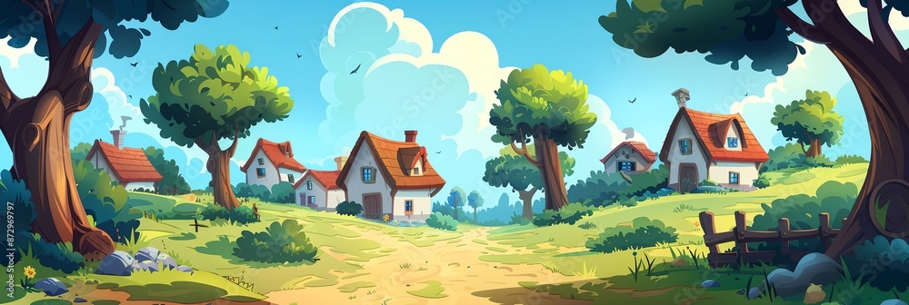 A cartoonish drawing of a small town with houses and trees. The houses are white and red, and there are a few birds flying in the sky. Scene is peaceful and idyllic, with a sense of community A cartoonish drawing of a small town with houses and trees. The houses are white and red, and there are a few birds flying in the sky. Scene is peaceful and idyllic, with a sense of community