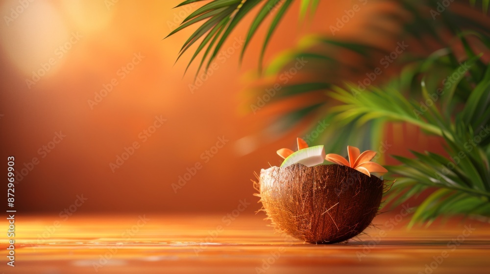 Coconut with Flowers and Lime Slice on a Wooden Surface Coconut with Flowers and Lime Slice on a Wooden Surface