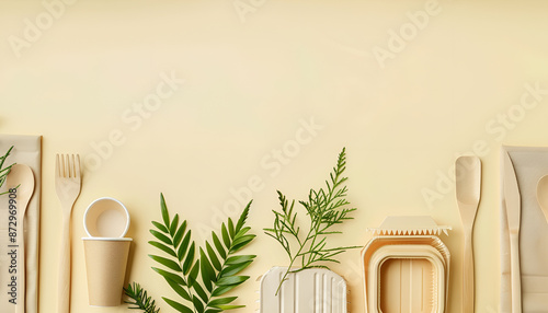 Eco friendly food packaging. Paper containers, tableware and green twig on pale yellow background photo