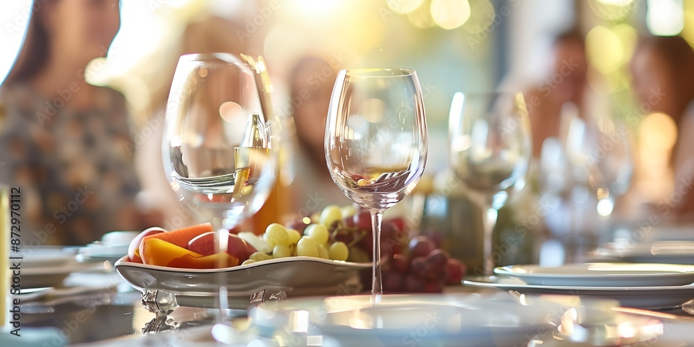 A table with a white plate of fruit and a wine glass. The table is set for a meal with several people around it A table with a white plate of fruit and a wine glass. The table is set for a meal with several people around it