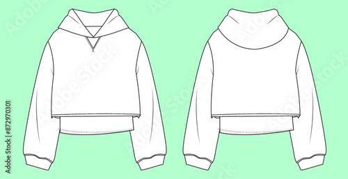 Teen girls long sleeve crop sweatshirt flat sketch vector.  