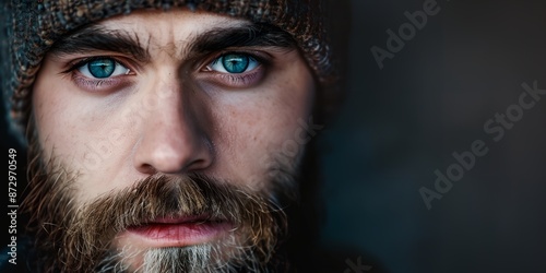 A man with a beard and a hat is staring at the camera. The man's eyes are blue and he has a beard