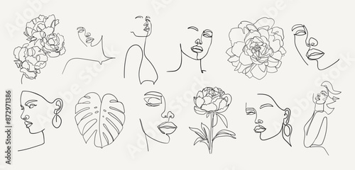 Set of abstract portrait and flowers in one line style . Woman beauty fashion concept. - Vector illustration