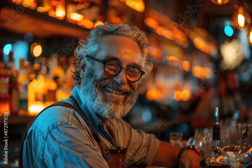 A content and jovial elderly man with white hair and beard, wearing glasses and an apron, stands behind a bar filled with bottles and glasses, warmly smiling at patrons