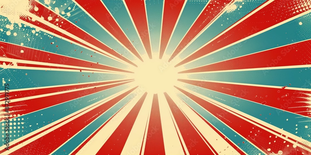 Fototapeta premium Abstract pop art background with red, beige, and blue rays radiating from the center