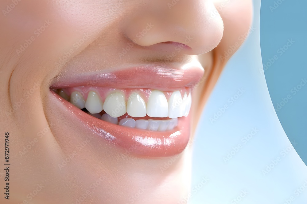 Obraz premium Close-up of a smiling woman's perfectly white teeth highlighting dental health and hygiene.