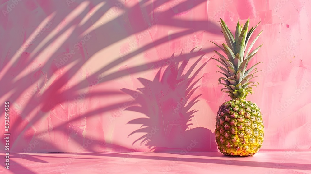Pineapple with Palm Tree Shadow on Pink Background. Pineapple with Palm Tree Shadow on Pink Background.