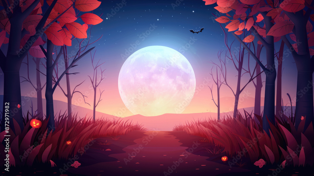 Flat design Halloween night with autumn trees and full moon Flat design Halloween night with autumn trees and full moon