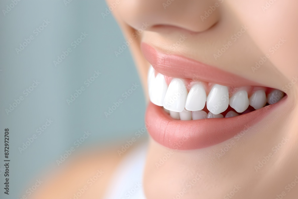 Obraz premium Close-up of a smiling woman's perfect white teeth showcasing dental health and hygiene.