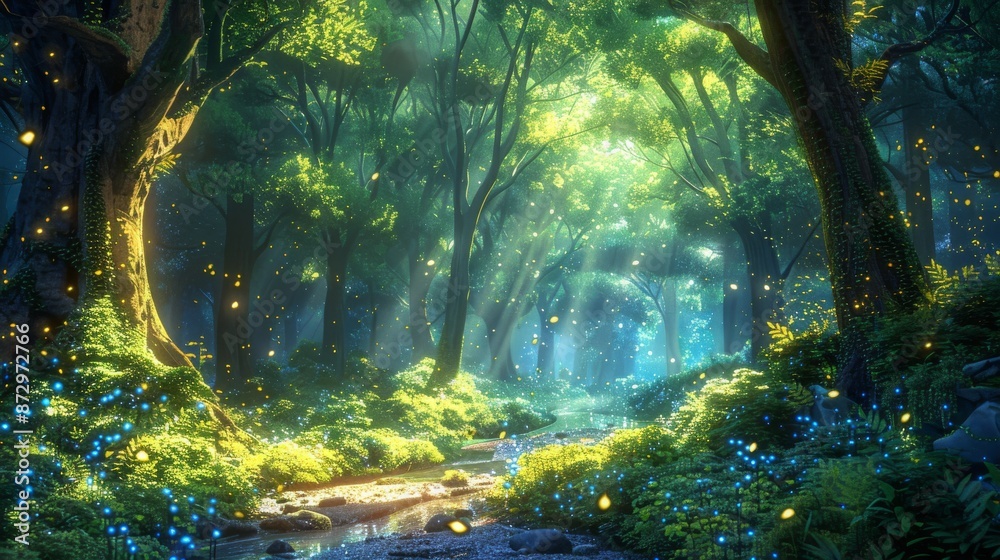 A magical forest during the day, ancient trees with glowing leaves, a crystal-clear stream running through, a winding path visible among the trees A magical forest during the day, ancient trees with glowing leaves, a crystal-clear stream running through, a winding path visible among the trees