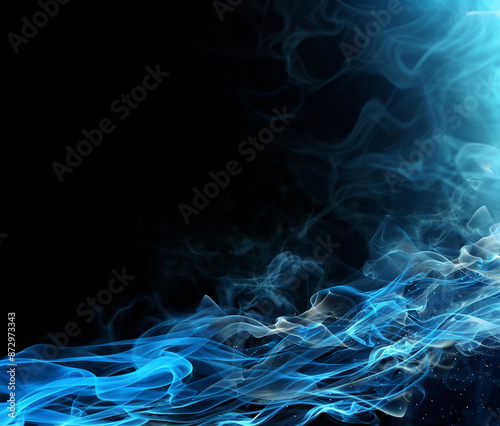 In enchanting abstract design featuring ethereal blue smoke-like wisps and light trails on a dark background. This captivating artwork is perfect for use in modern design projects, including digital b