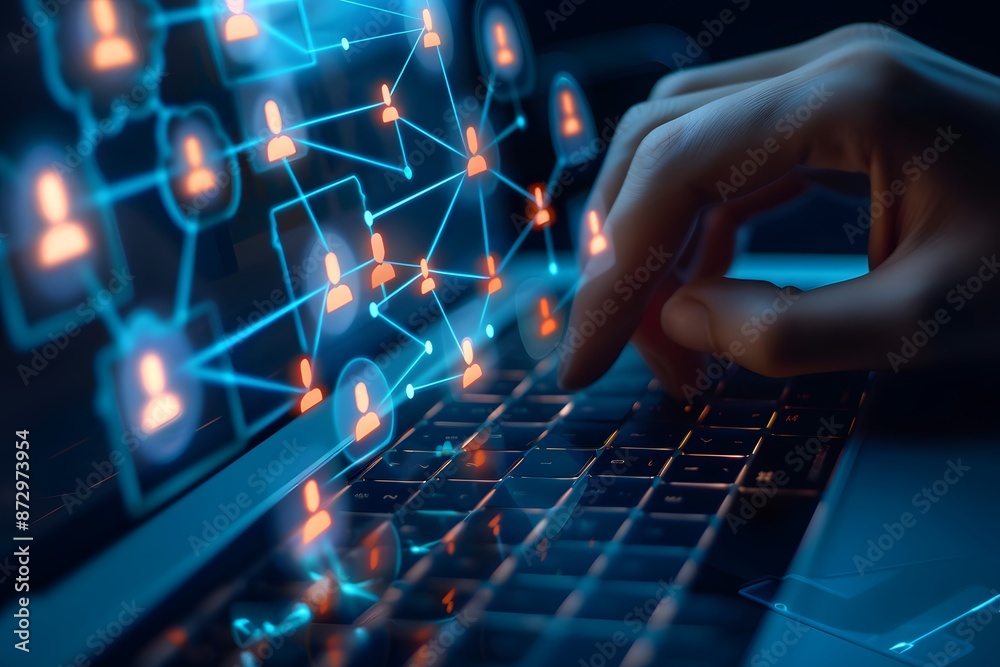 Naklejka premium Hand interacting with virtual network on laptop keyboard, highlighting digital communication