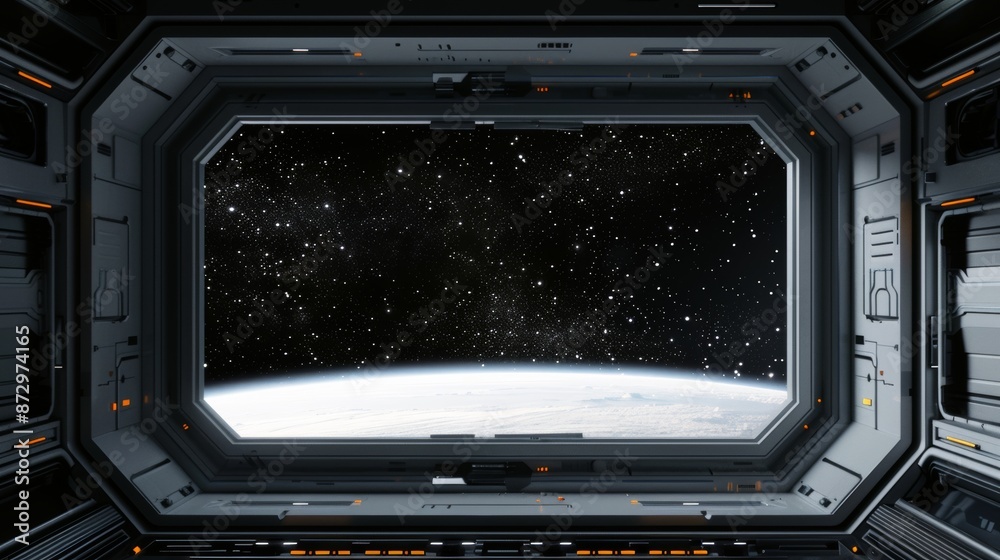 a photorealistic rectangular window in a spaceship, looking out into black, blank space a photorealistic rectangular window in a spaceship, looking out into black, blank space