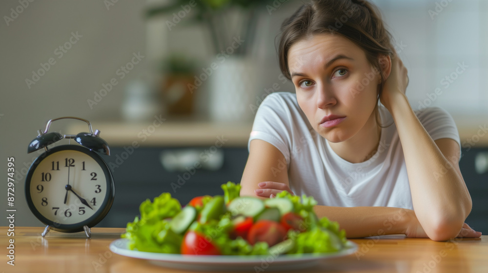 Woman Looking at Salad with Clock on Table Woman Looking at Salad with Clock on Table