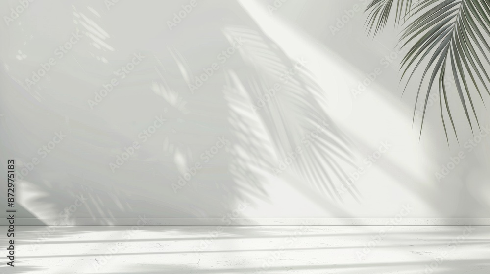 A beautiful white wall with palm leaf shadows, a blurred background of an empty room for product presentation. A beautiful white wall with palm leaf shadows, a blurred background of an empty room for product presentation.