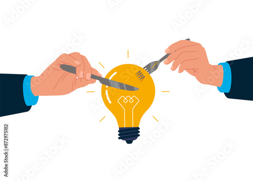 Human hands cut fork knife eat meal light bulb wire inspiration. Flat vector illustration