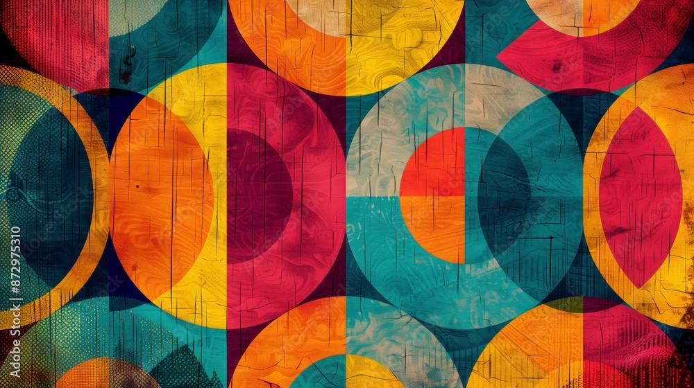 Fototapeta premium Retro-inspired pattern, bold geometric shapes, vibrant colors, and distressed background.