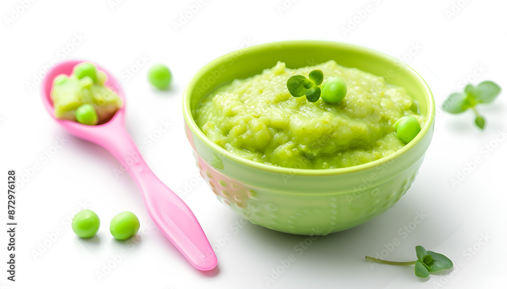 Tasty baby food in bowl and spoon isolated on white Tasty baby food in bowl and spoon isolated on white
