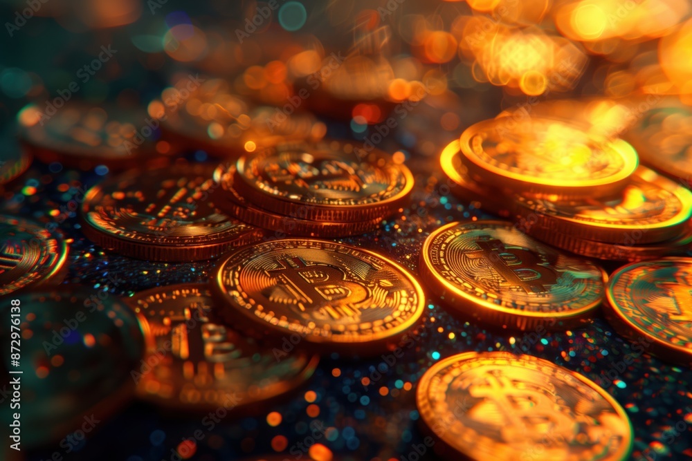 Golden bitcoin on a blue background with bokeh. Cryptocurrency concept Golden bitcoin on a blue background with bokeh. Cryptocurrency concept