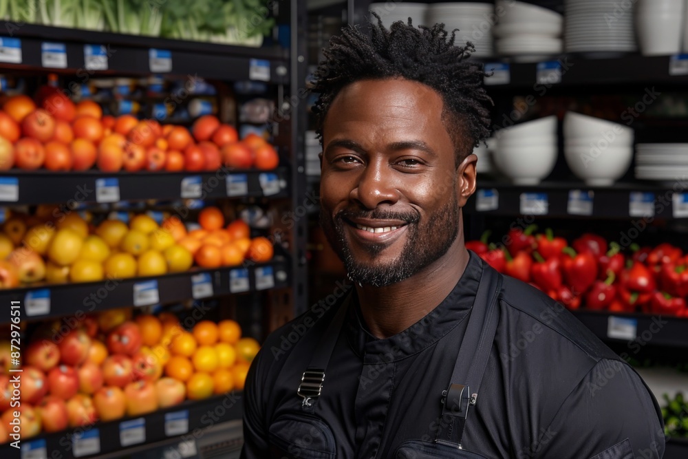 Smiling Black Chef in a Grocery Store With Produce Display Smiling Black Chef in a Grocery Store With Produce Display