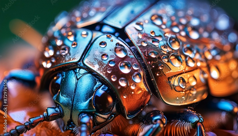 Fototapeta premium Macro close-up of a beetle's chitinous carapace, with sharp details and light reflections creating an abstract image of a protective structure