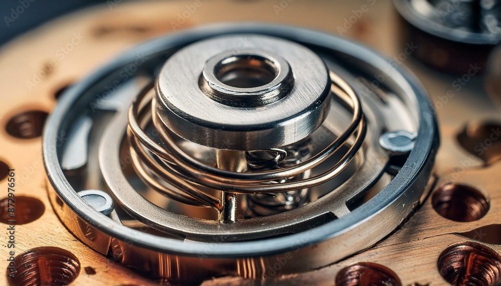 A macro close-up of the delicate details of a metal watch spring that reveal precision technology and engineering. A macro close-up of the delicate details of a metal watch spring that reveal precision technology and engineering.