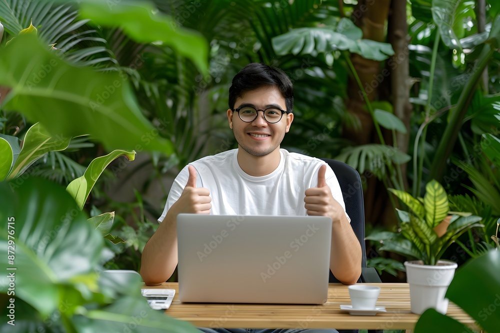 Young man using laptop in lush garden, giving thumbs up, highlighting remote work satisfaction Young man using laptop in lush garden, giving thumbs up, highlighting remote work satisfaction