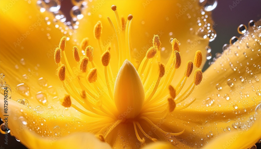 Fototapeta premium Macro close-up of the delicate yellow pollen of tulip flowers. Macro close-up of the delicate yellow pollen of tulip flowers that create an abstract image of spring's abundance and color.