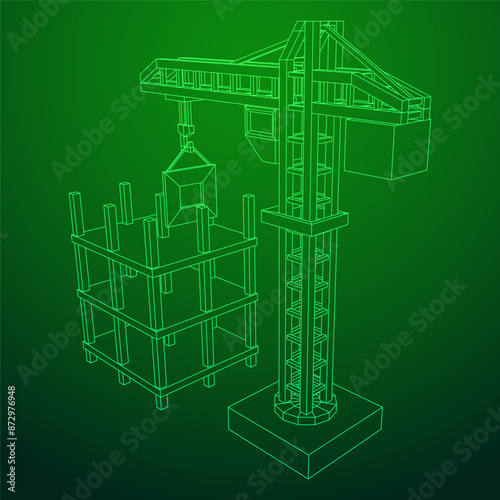 Construction crane tower. Building under construction industrial concept. Wireframe low poly mesh vector illustration.