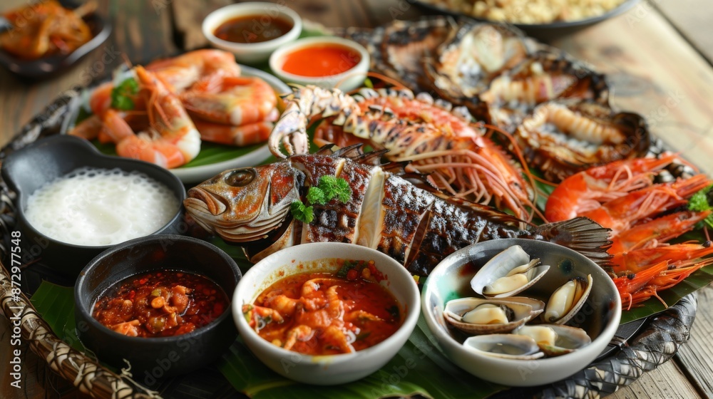A seafood platter with assorted grilled fish and shellfish, served with dipping sauces A seafood platter with assorted grilled fish and shellfish, served with dipping sauces