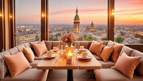 Photo of a stylish cafe overlooking the city at dusk. Cozy interior, delicate lighting, urban landscape. photo