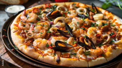 A seafood pizza topped with shrimp, squid, and mussels, fresh out of the oven