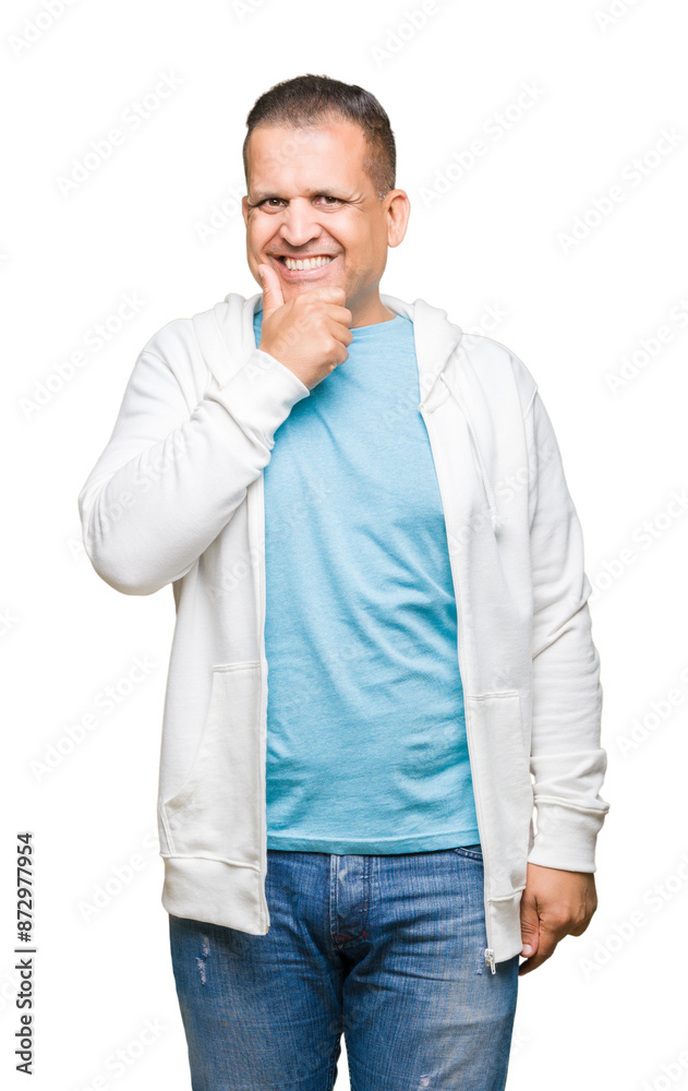 Middle age arab man wearing sweatshirt over isolated background looking confident at the camera with smile with crossed arms and hand raised on chin. Thinking positive. Middle age arab man wearing sweatshirt over isolated background looking confident at the camera with smile with crossed arms and hand raised on chin. Thinking positive.