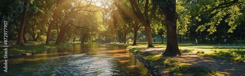Sunlit Stream Winding Through Lush Green Park