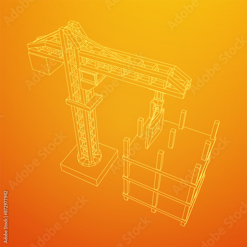 Construction crane tower. Building under construction industrial concept. Wireframe low poly mesh vector illustration.