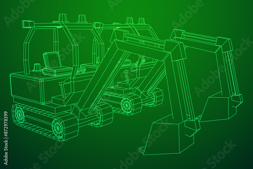 Heavy equipment excavator machine manufacturing power equipment for open pit mining. Wireframe low poly mesh vector illustration