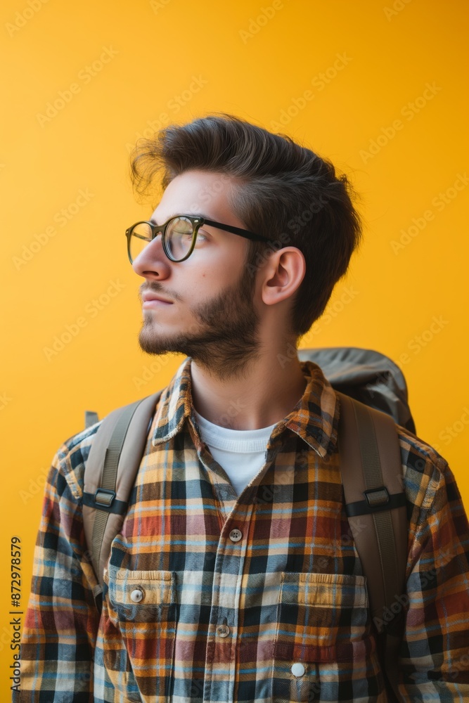 A man with glasses and a plaid shirt is standing in front of a yellow wall. He is wearing a backpack and has a beard A man with glasses and a plaid shirt is standing in front of a yellow wall. He is wearing a backpack and has a beard