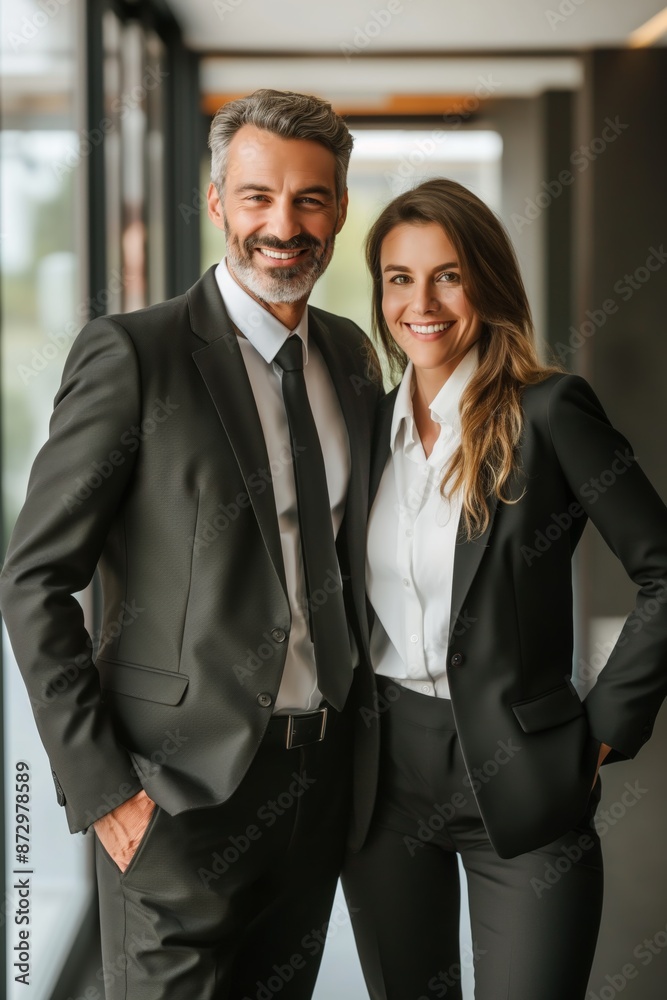 A man and a woman are posing for a picture in a business setting. The man is wearing a suit and tie, while the woman is wearing a black jacket and a white shirt. They both have smiles on their faces A man and a woman are posing for a picture in a business setting. The man is wearing a suit and tie, while the woman is wearing a black jacket and a white shirt. They both have smiles on their faces