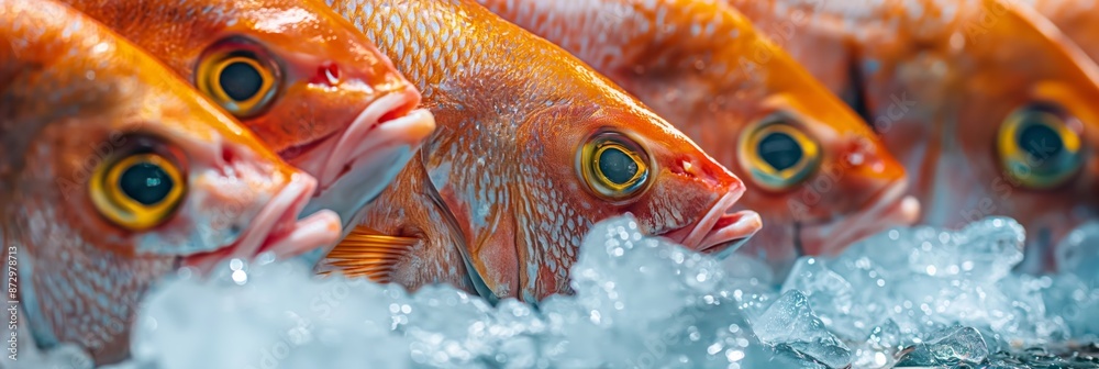 A row of fish are in a tank with ice. The fish are orange and have yellow eyes A row of fish are in a tank with ice. The fish are orange and have yellow eyes
