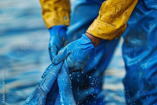 Worker Wearing Blue Gloves Wrings Out Wet Blue Fabric in a Marine Environment photo